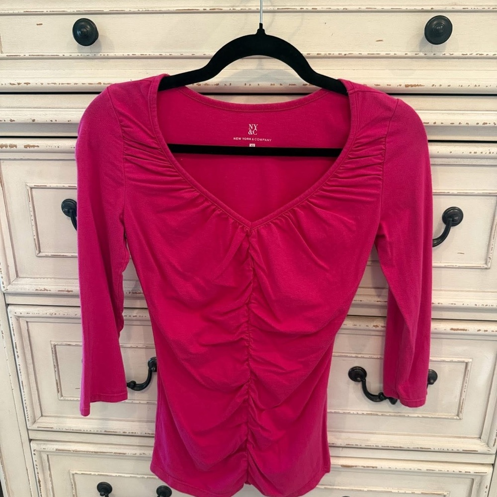 New York & Company Pink Ruched Fitted Blouse